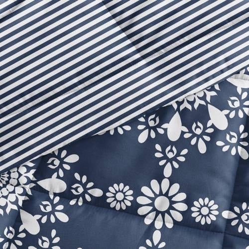 Twin 3-Piece Navy Blue White Reversible Floral Striped Comforter Set featuring striped and floral patterns.