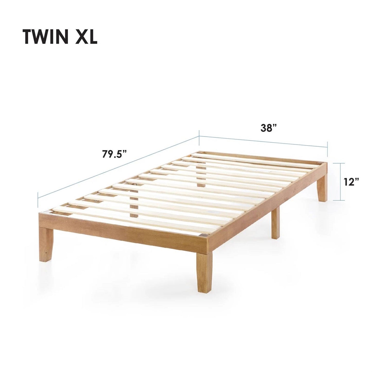 Wooden bed frame labeled 'TWIN XL' with dimensions on a white background