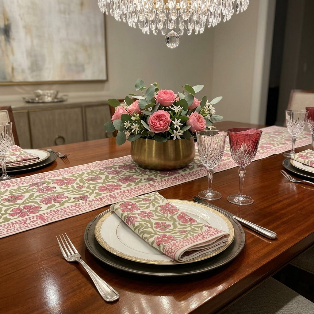 Dusty Rose & Sage Green Floral Hand Block Printed Table 13 Pieces Linen Set