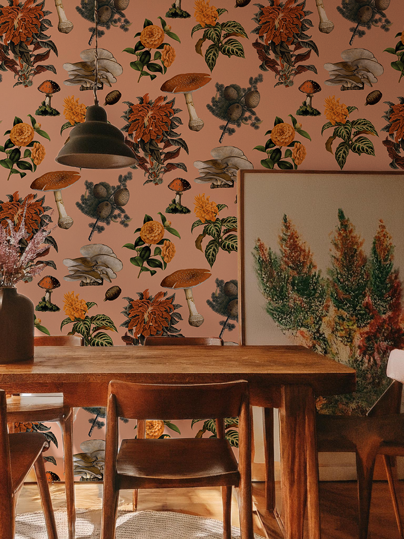 Mushrooms Wallpaper, peach and marigold