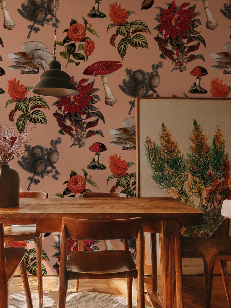 Mushrooms Wallpaper, peach and red