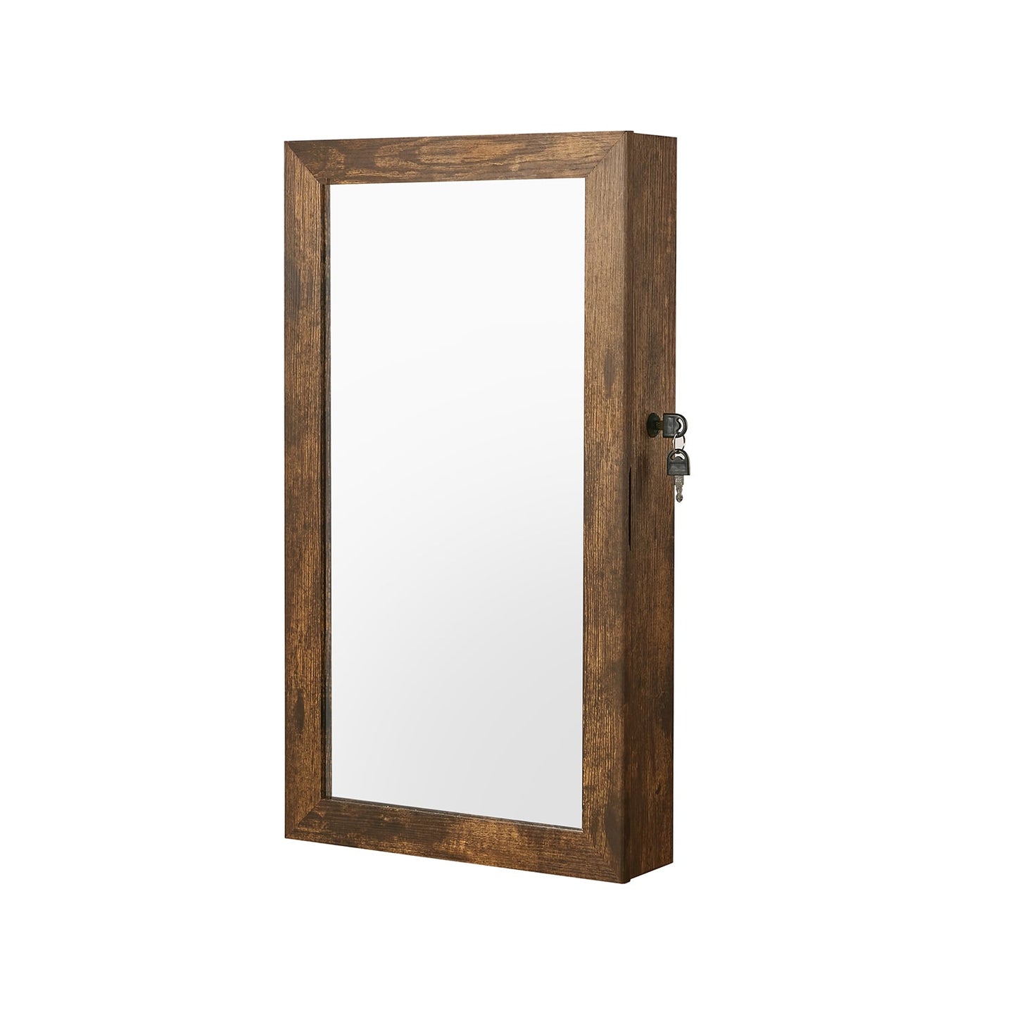 Lockable Jewelry Cabinet Armoire with Mirror, Wall-Mounted Space Saving Jewelry Storage Organizer, Rustic Brown
