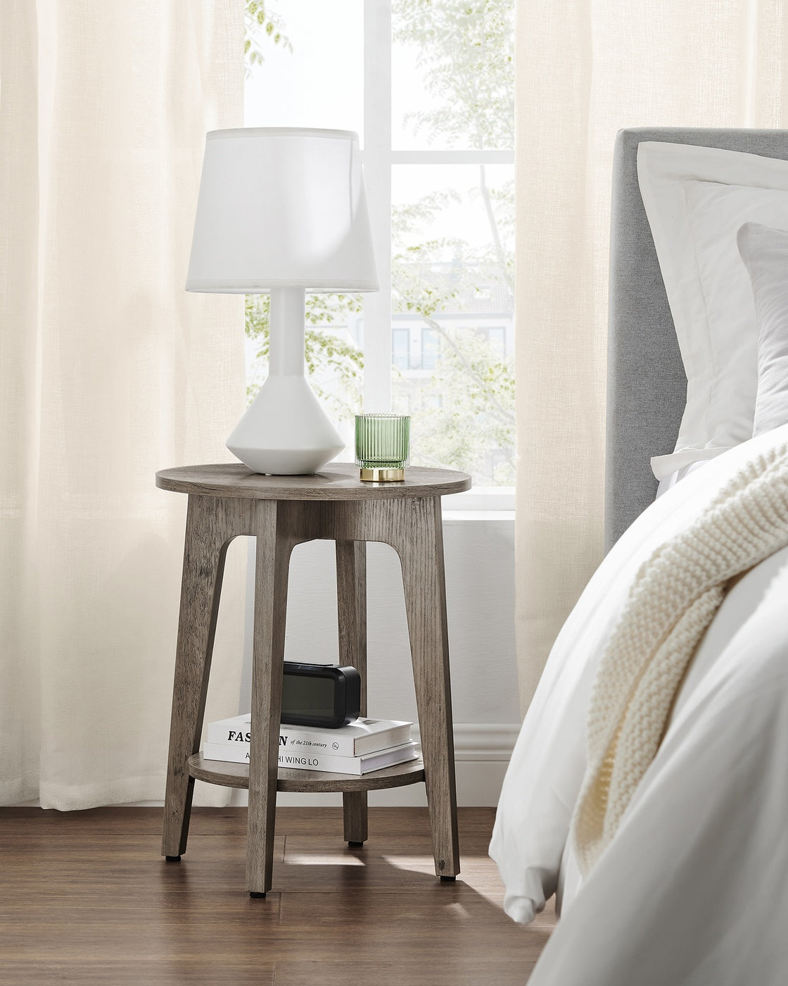 Side Table, Small Round End Table with Lower Shelf, Nightstand for Small Spaces, Modern Farmhouse Style, Greige