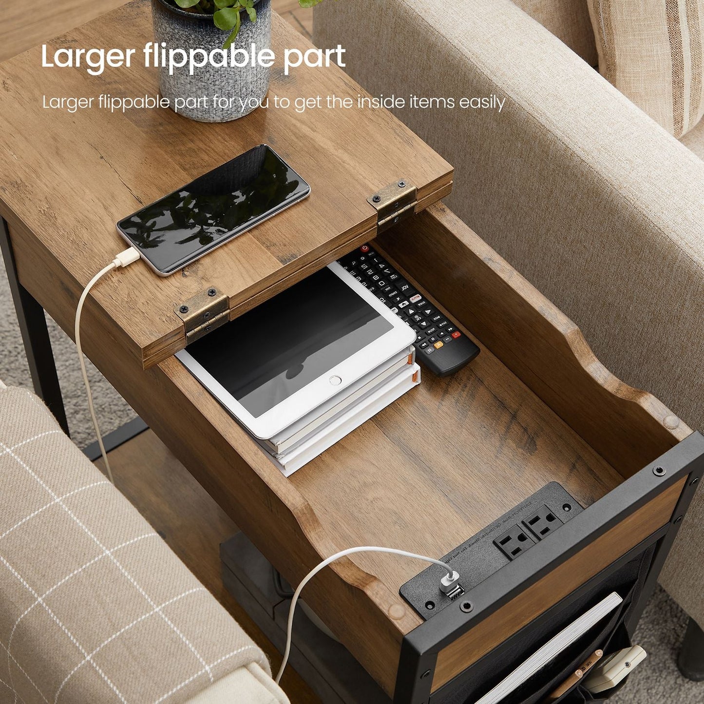 End Table with Charging Station, Side Table with USB Ports and Outlets, Nightstand with Storage, Fabric Bags, for Living Room, Bedroom, Rustic Walnut and Black