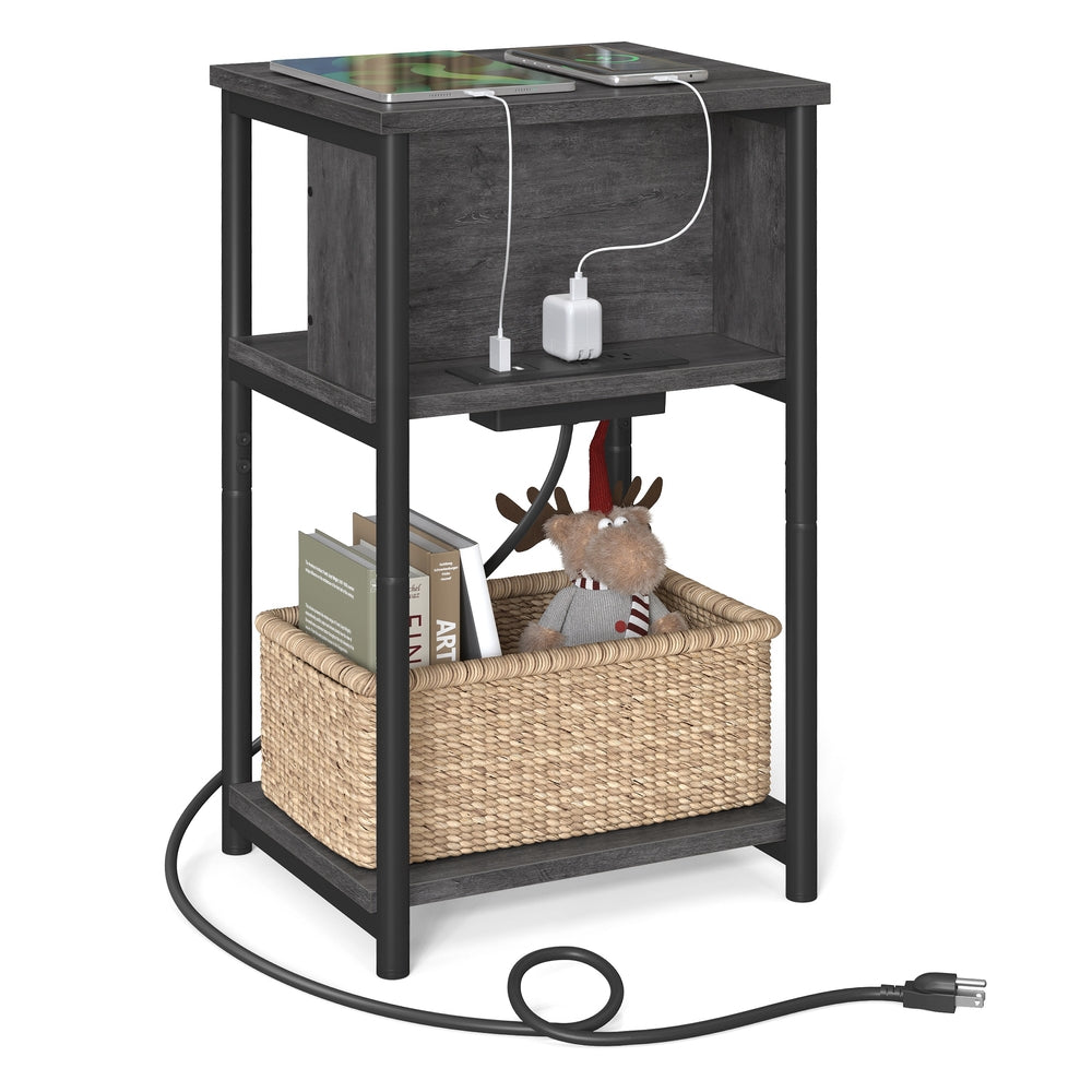 3-Tier End Table with Charging Station Chestnut Brown and Black