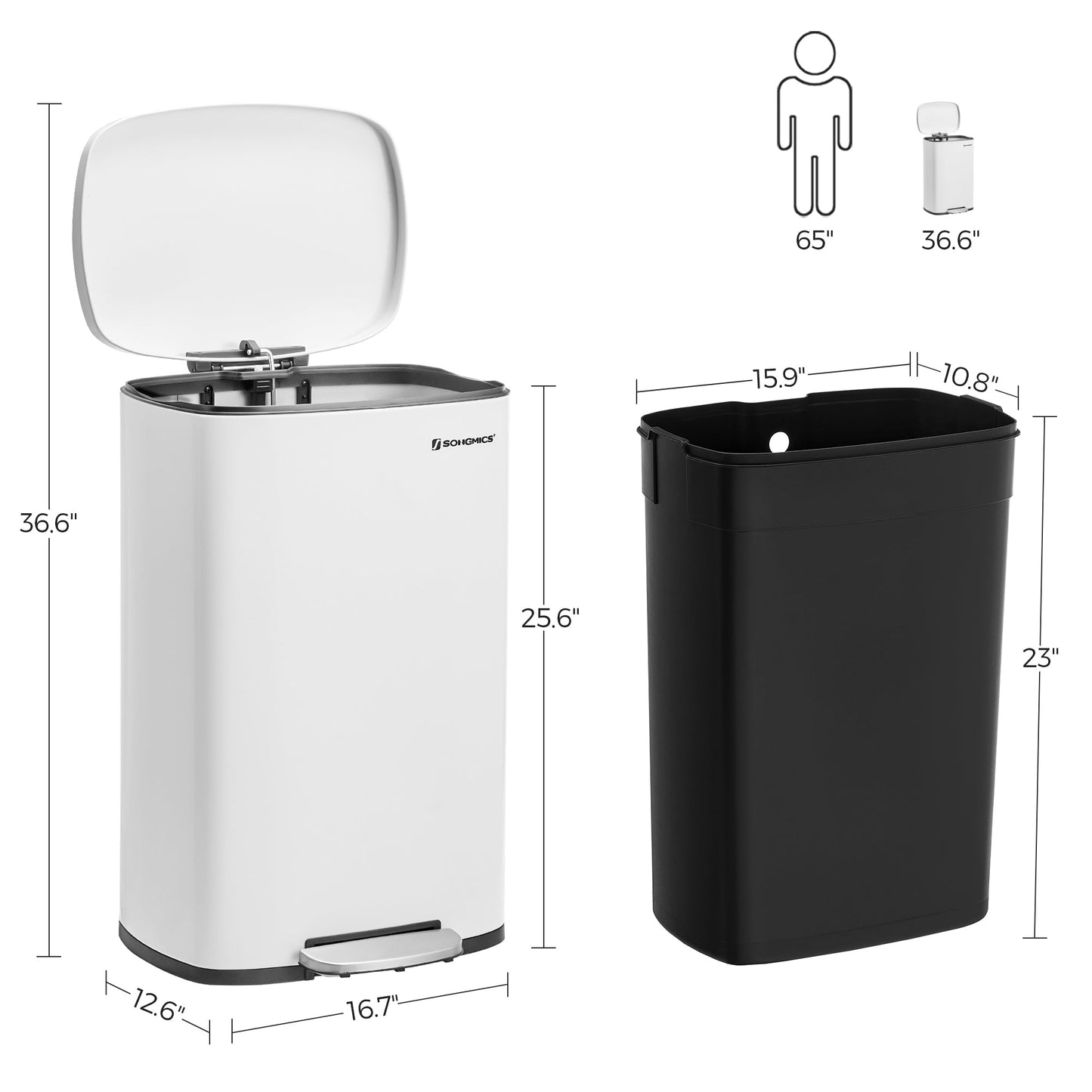 Kitchen Trash Garbage Can, Pedal Rubbish Bin 13.2 Gal (50L), with Plastic Inner Bucket, Hinged Lid, Soft Closure, Odor Proof and Hygienic, White