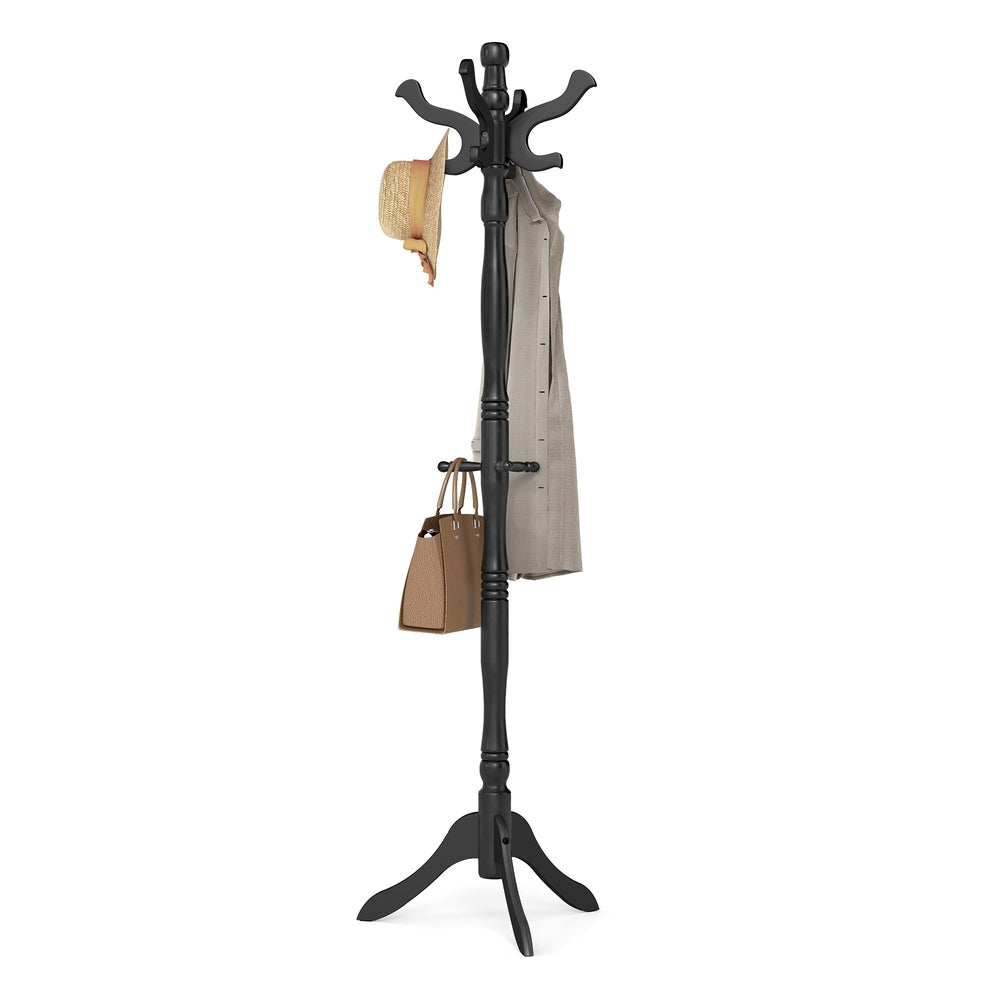 Coat Rack Free Standing with 11 Hooks, Wooden Hall Tree with Solid Rubberwood Base