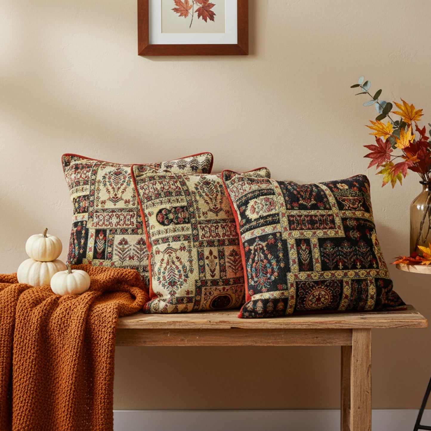 DaDalogy Bedding Light White Mughal Floral Botanical Cottage Fleur Tapestry Throw Pillow Covers 16" (18196)