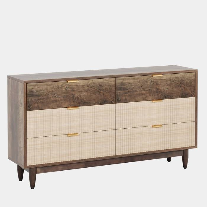 Retro Mid-Century Modern 6 Drawer Dresser in Vintage Brown showcasing unique double-arcs and wavy fronts.