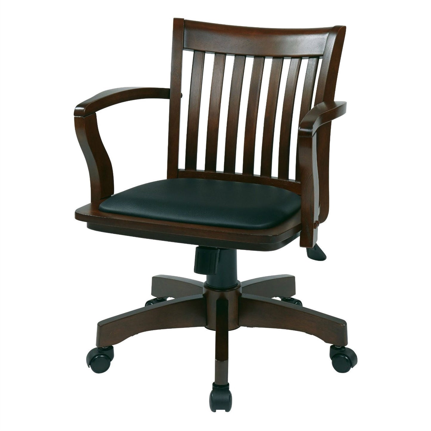 Espresso Bankers Chair with Black Vinyl Padded Seat and Wood Arms in an office setting.
