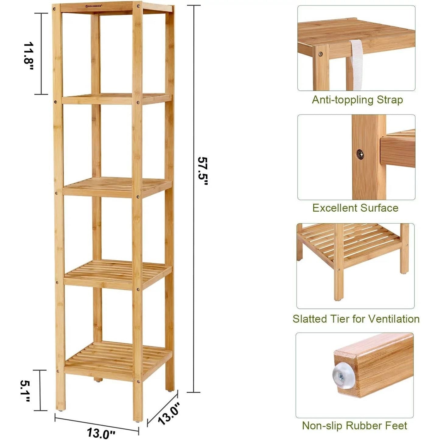 Wooden shelf with dimensions and features on a white background