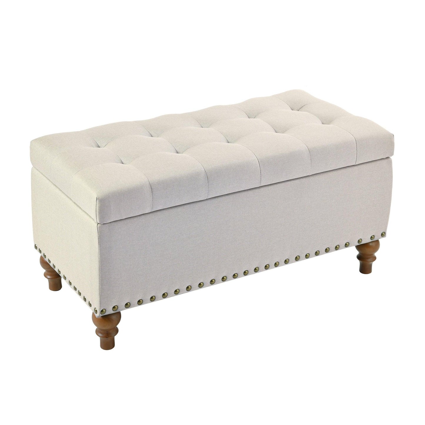 36" Ottoman Storage Bench with Recessed Support Hinge Top for Easy Opening, Rivet Trim Around, Linen