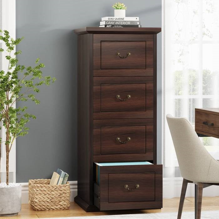 Wooden file cabinet with multiple drawers in a room with a plant and chair.