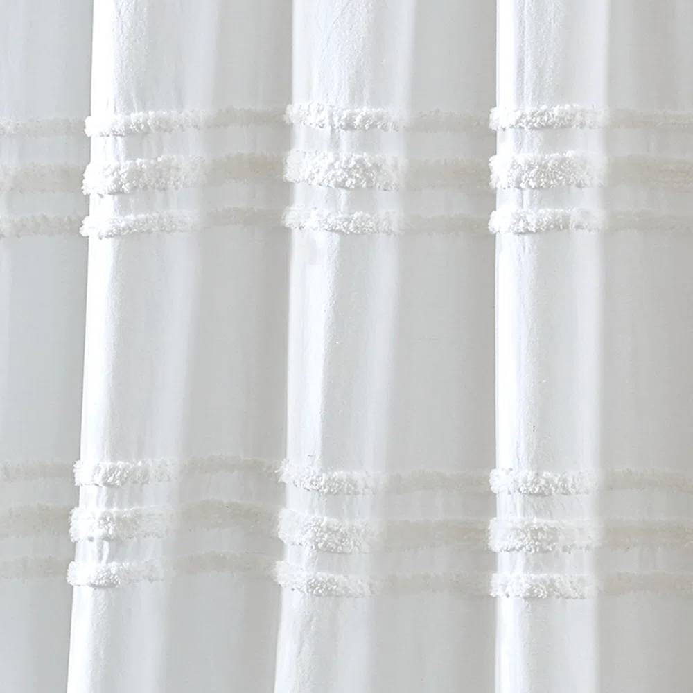 72-inch White Cotton Chenille Stripe Shower Curtain - Machine Washable