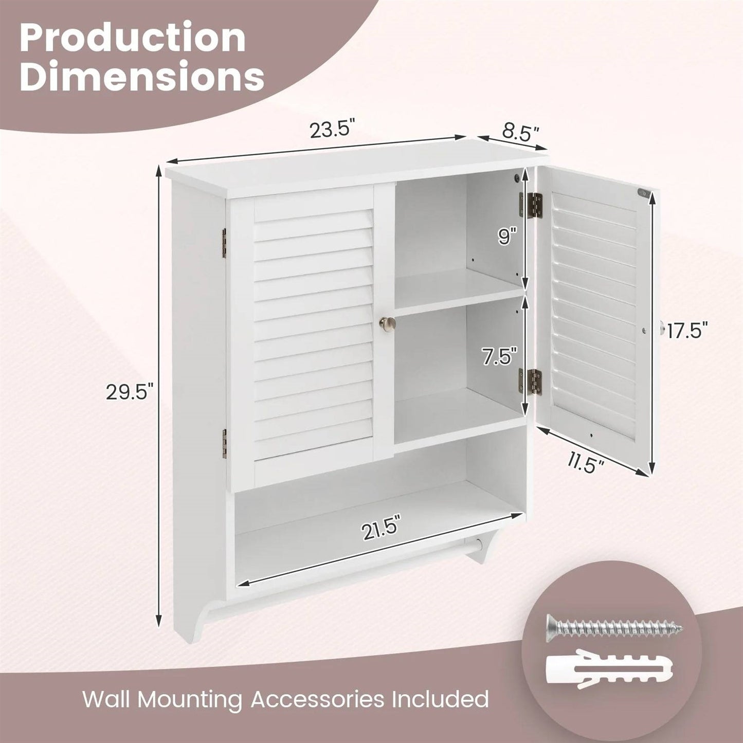 White wall-mounted cabinet with dimensions labeled on a light pink background
