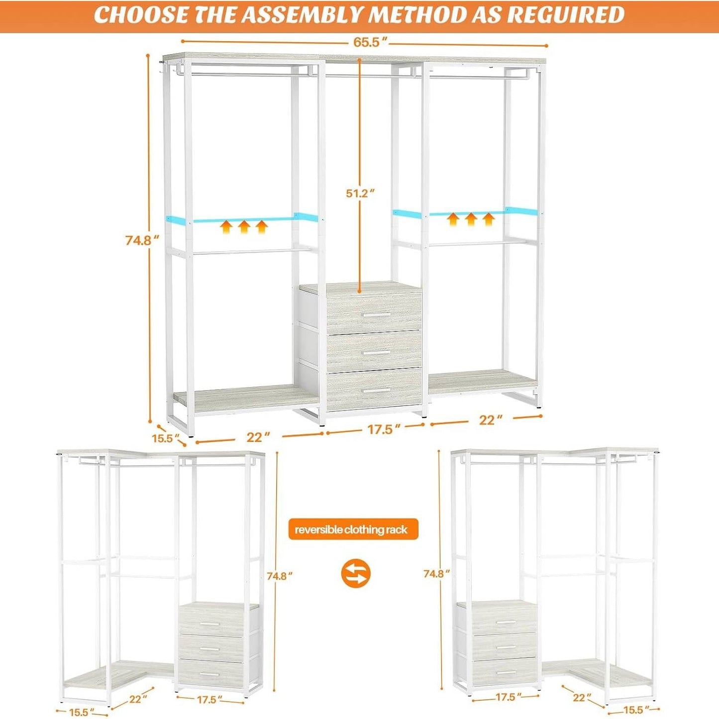 Heavy Duty White Metal Freestanding Garment Rack Closet Wardrobe with 3 Drawers
