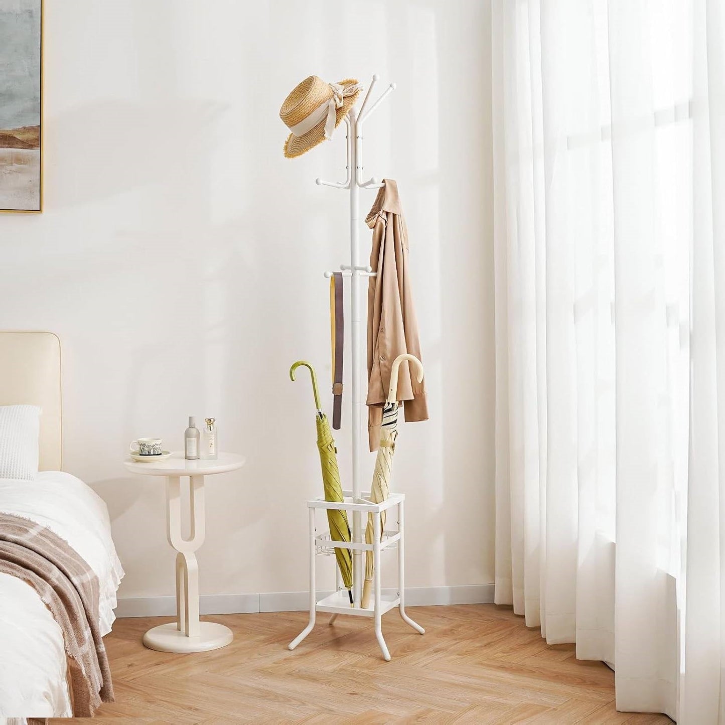 White Metal Coat Rack Entryway Hall Tree with Umbrella Holder