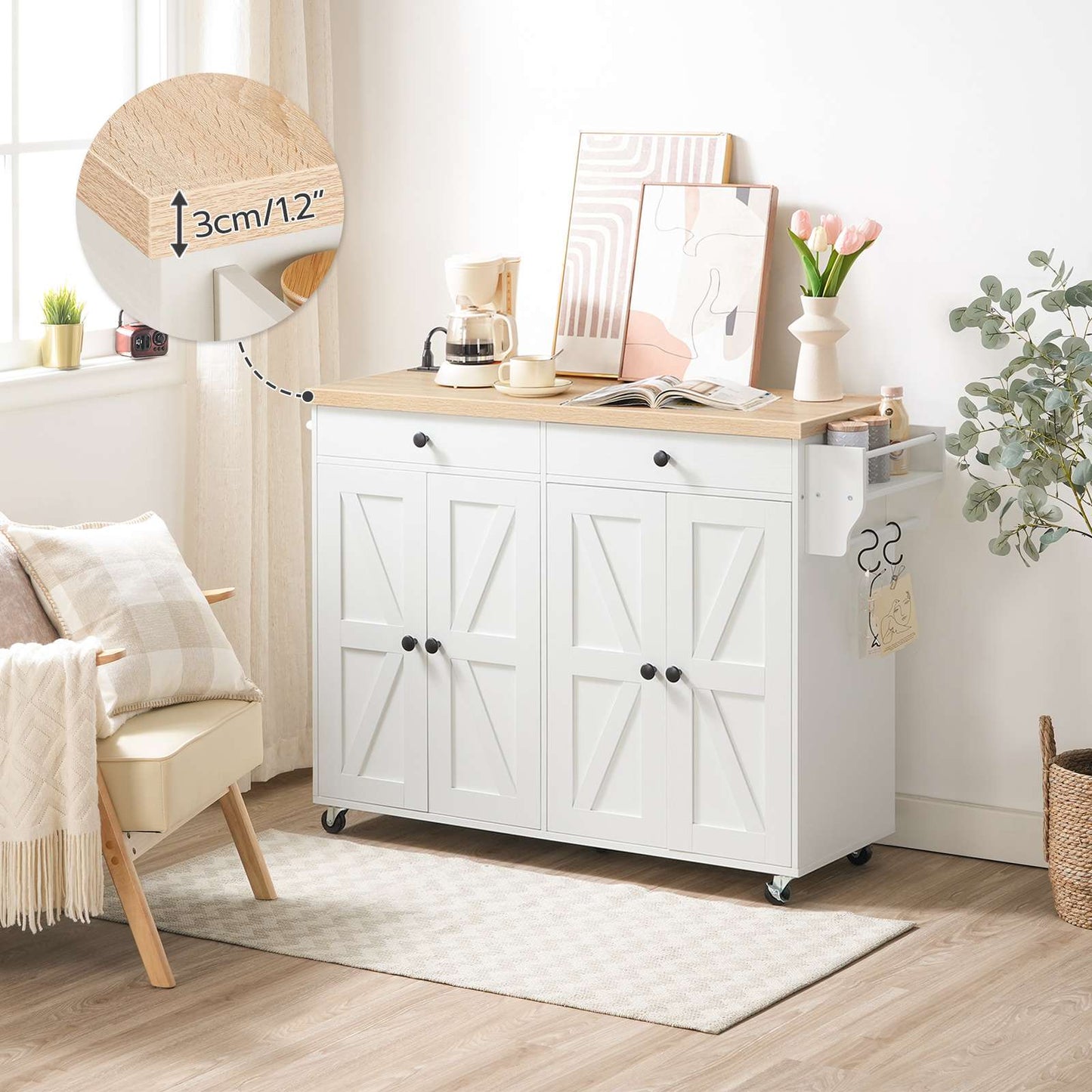 Kitchen Island with Power Outlet with Storage - White & Natural