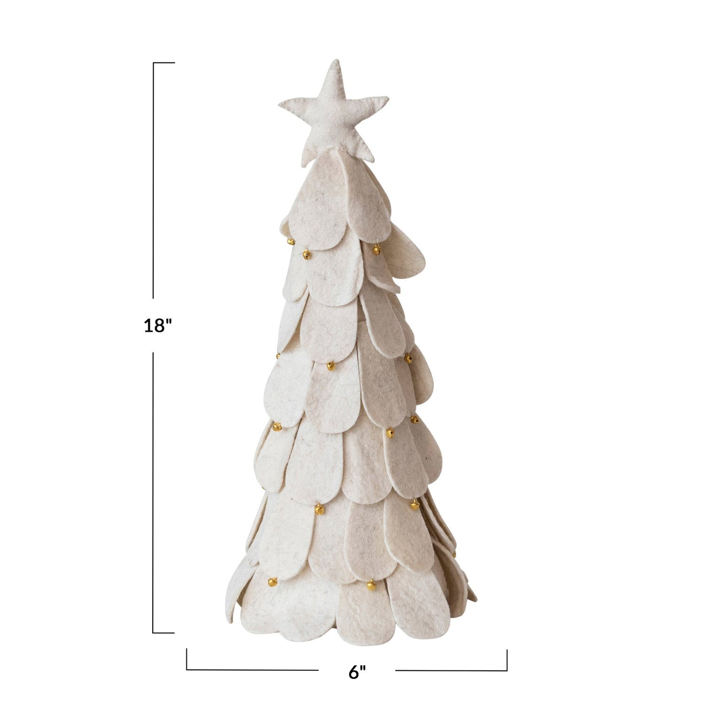 Cream Handmade Wool Felt Christmas Trees with Star & Gold Jingle Bells