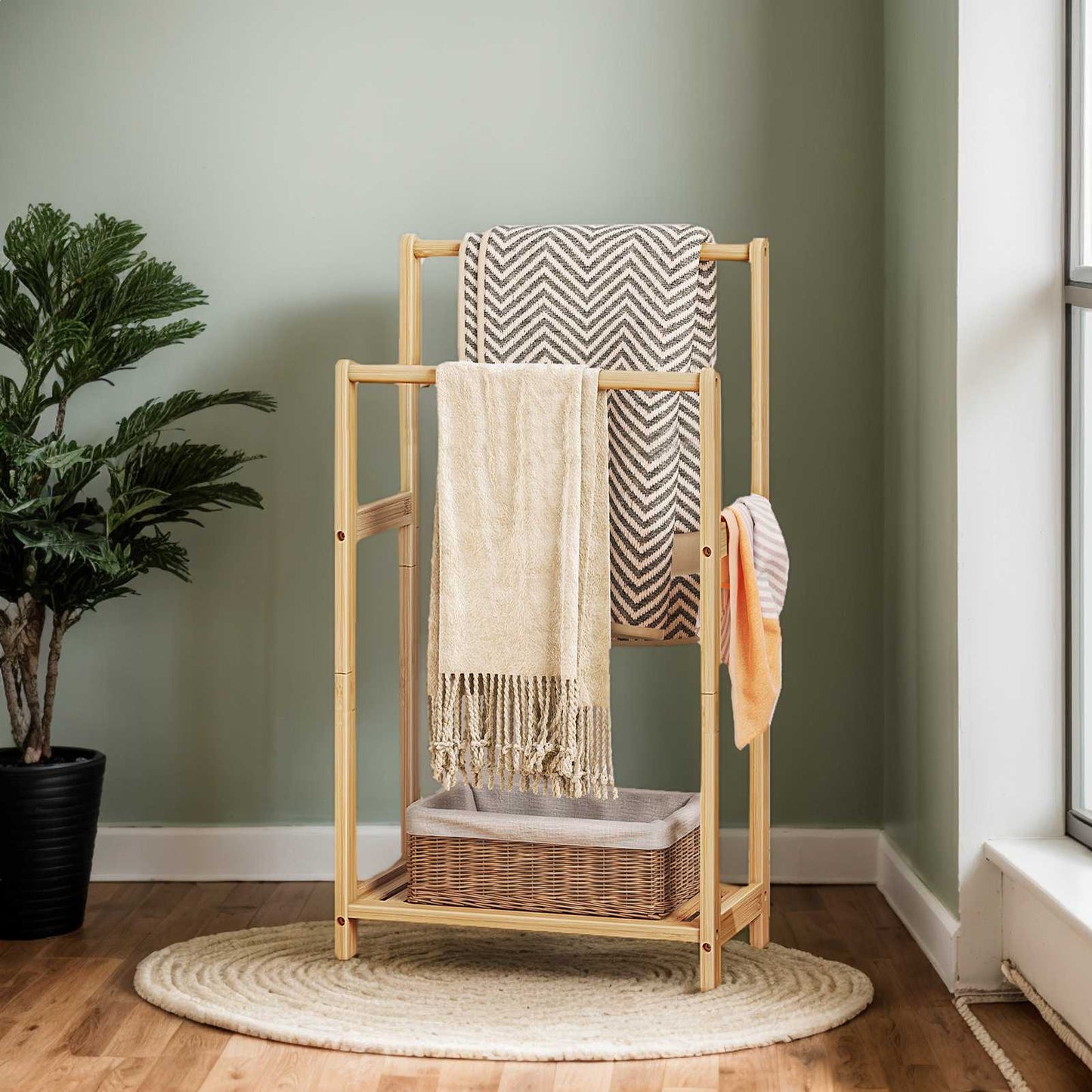 freestanding towel rack for bathroom with Storage - natural color