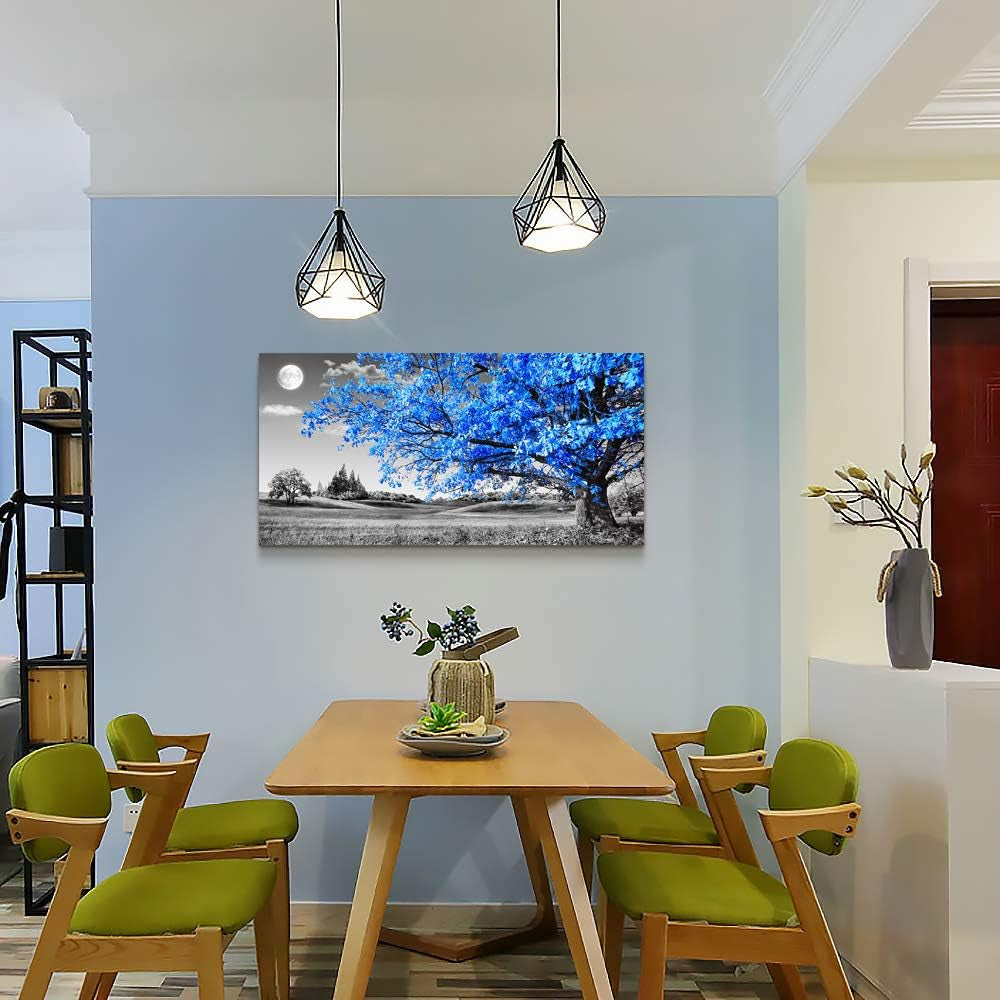 Elegant Blue Moon Tree Landscape Canvas Art – Abstract 20" X 40" Ready to Hang for Living Room and Office Decor
