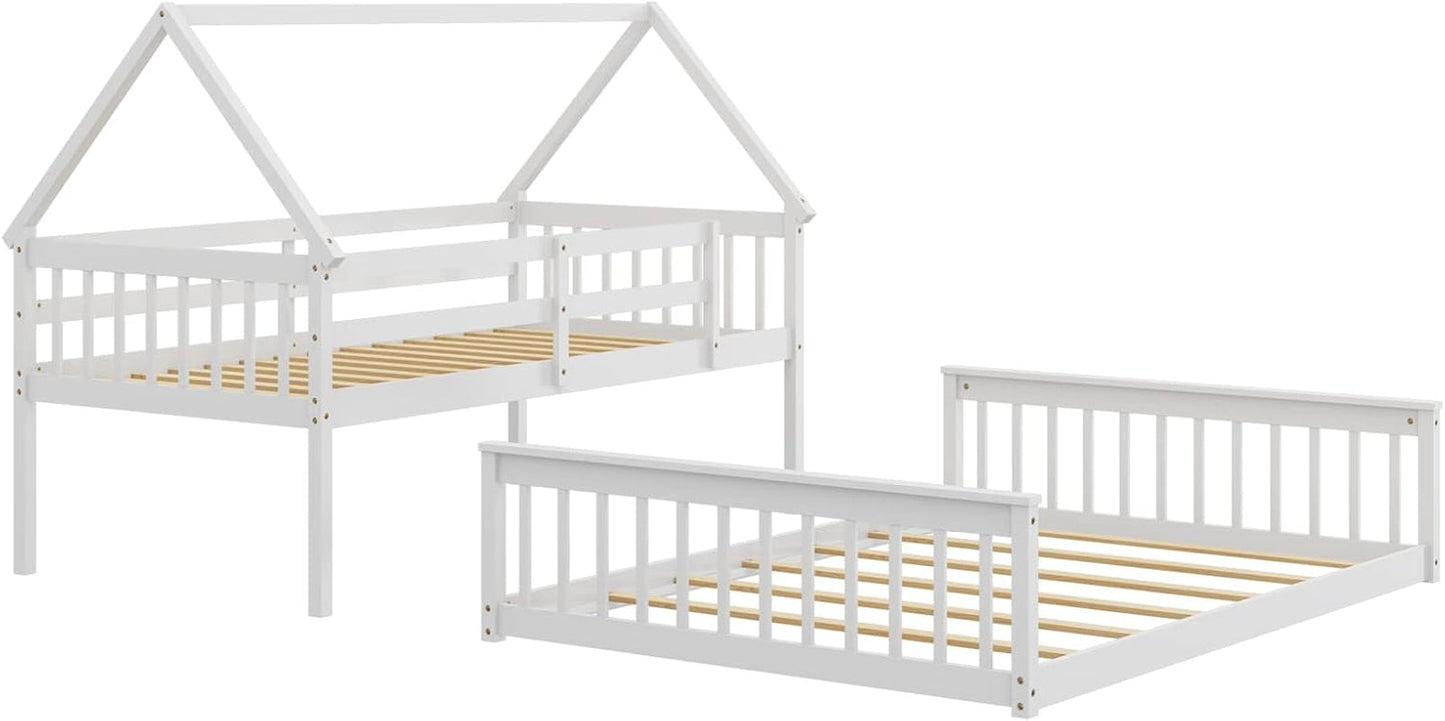 Solid Wood Twin Over Full Bunk Bed White With Guardrails