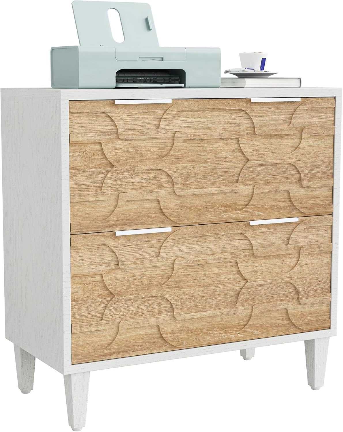 Two Drawer Lateral File Cabinet For A4 Letter And Legal Size Documents White And Walnut Printer Stand