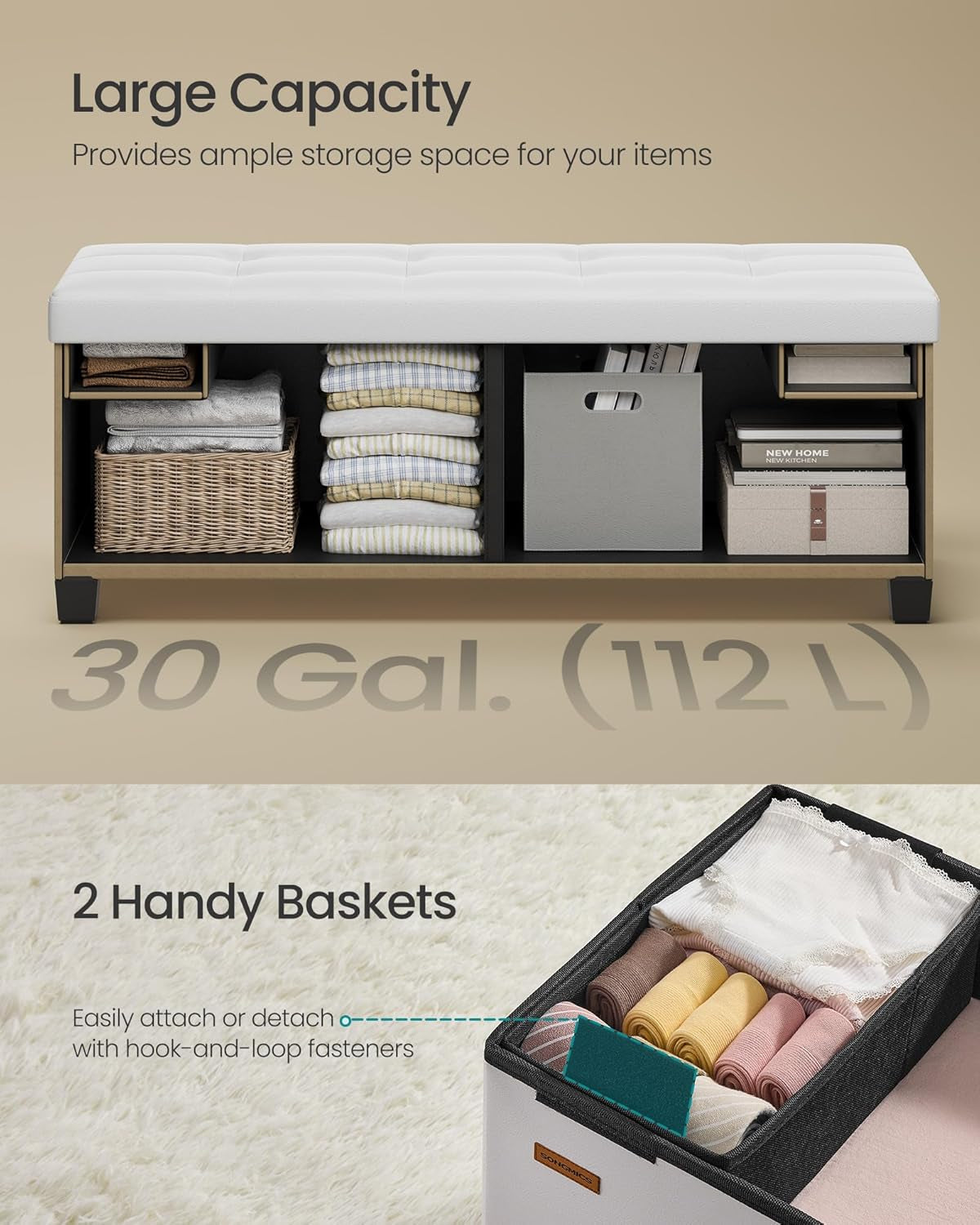 Cloud White Leatherette Storage Ottoman Bench 15x43