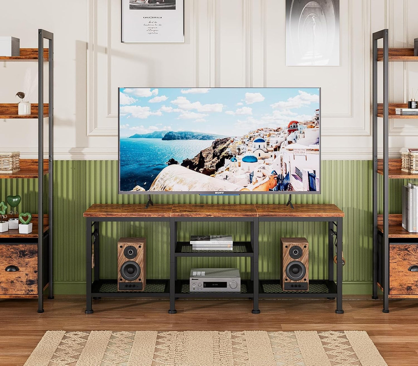 Rustic Brown TV Stand For 55 Inch With Open Storage Shelves