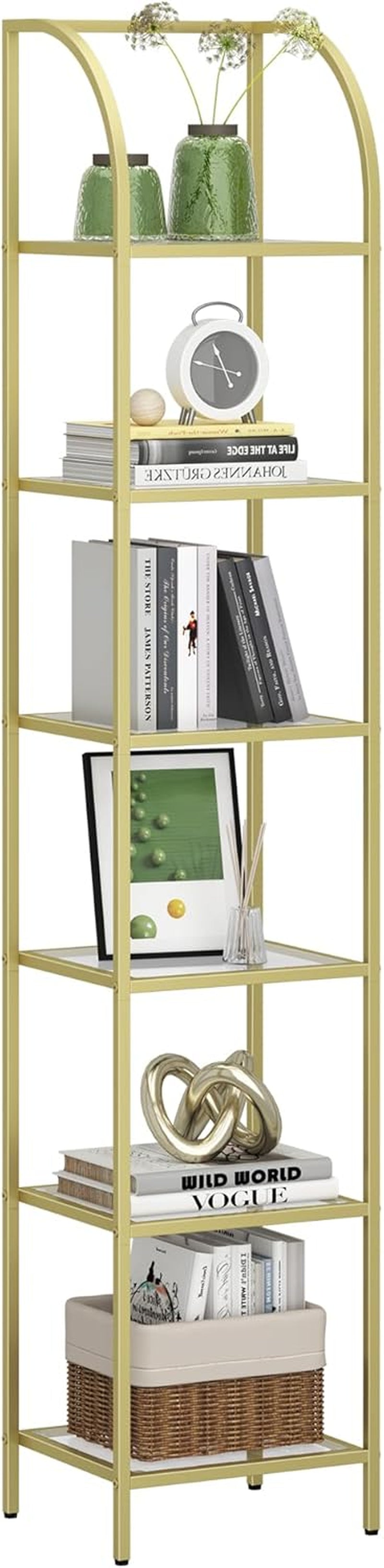 Bookcase Bookshelf 6 Tier Gold Tempered Glass Arched Top