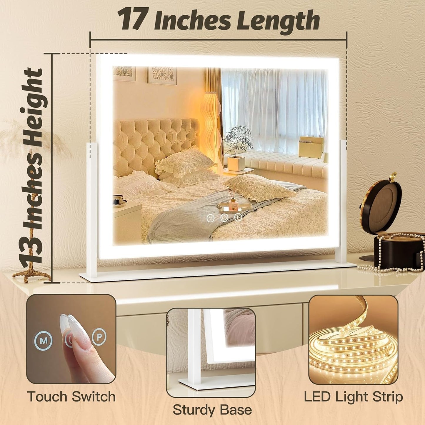 13x17 Makeup Vanity Mirror With Lights Dimmable Touch Screen