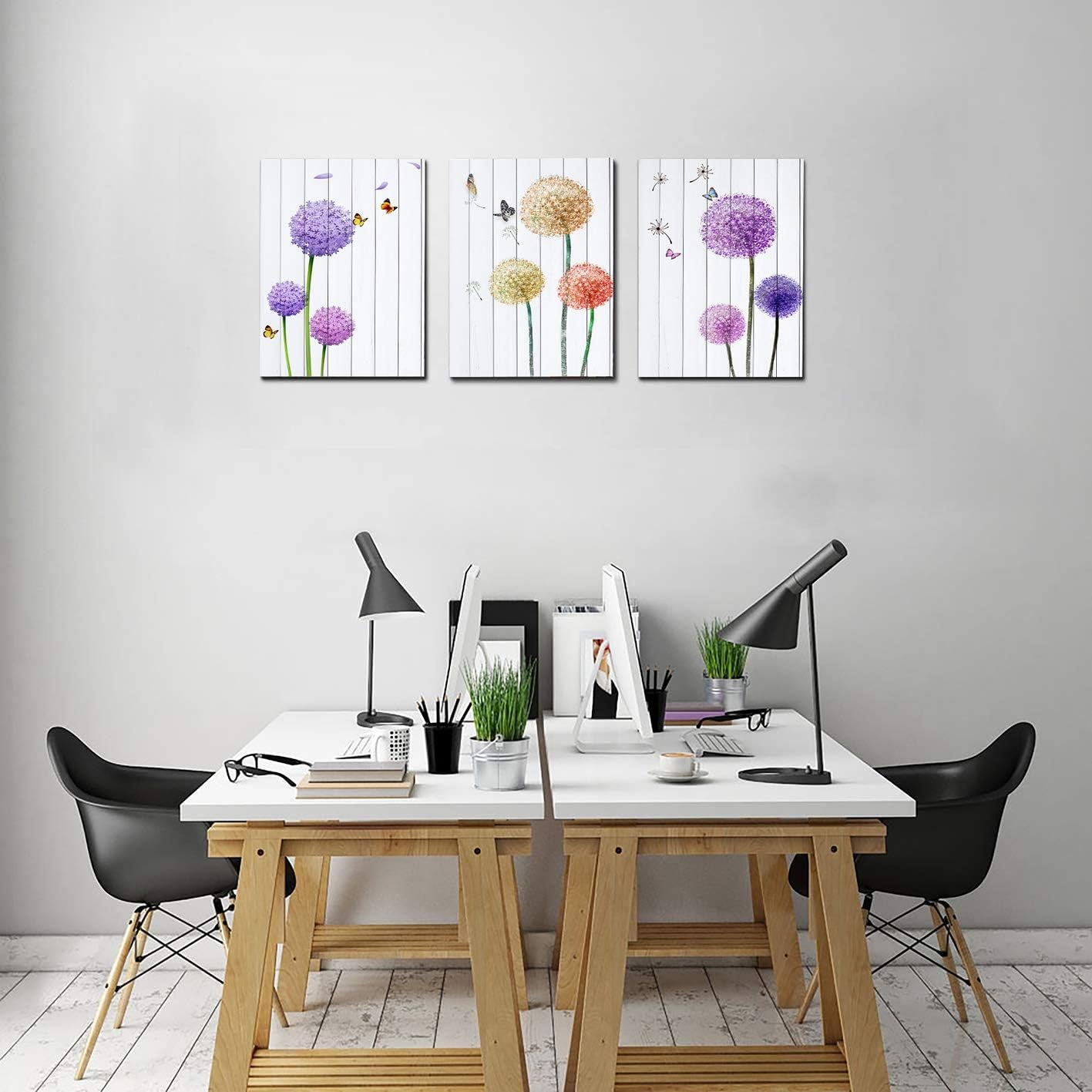 Stunning Dandelion & Butterfly Purple Flowers Canvas Wall Art - 3 Panel Set for Elegant Home Décor, 12x16 Inch Each, Perfect for Living Room and Bedroom