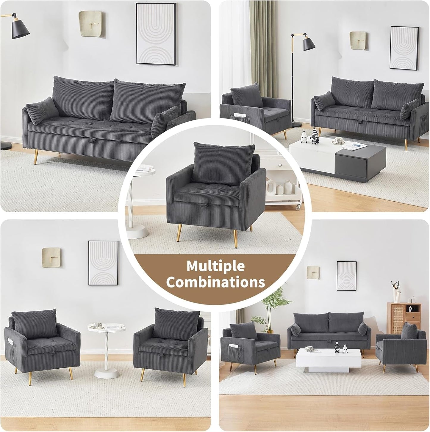3 Piece Storage Sofa Set With Corduroy Gray Loveseat