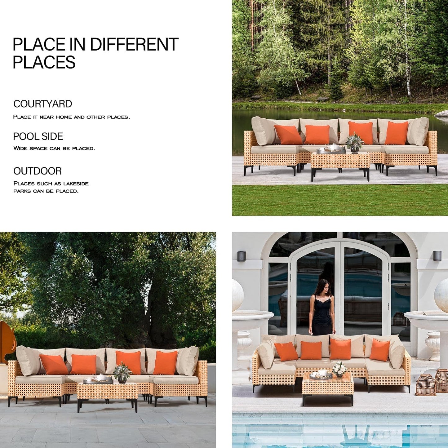 5 Piece Outdoor Patio Set Salmon Orange Wicker Sectional
