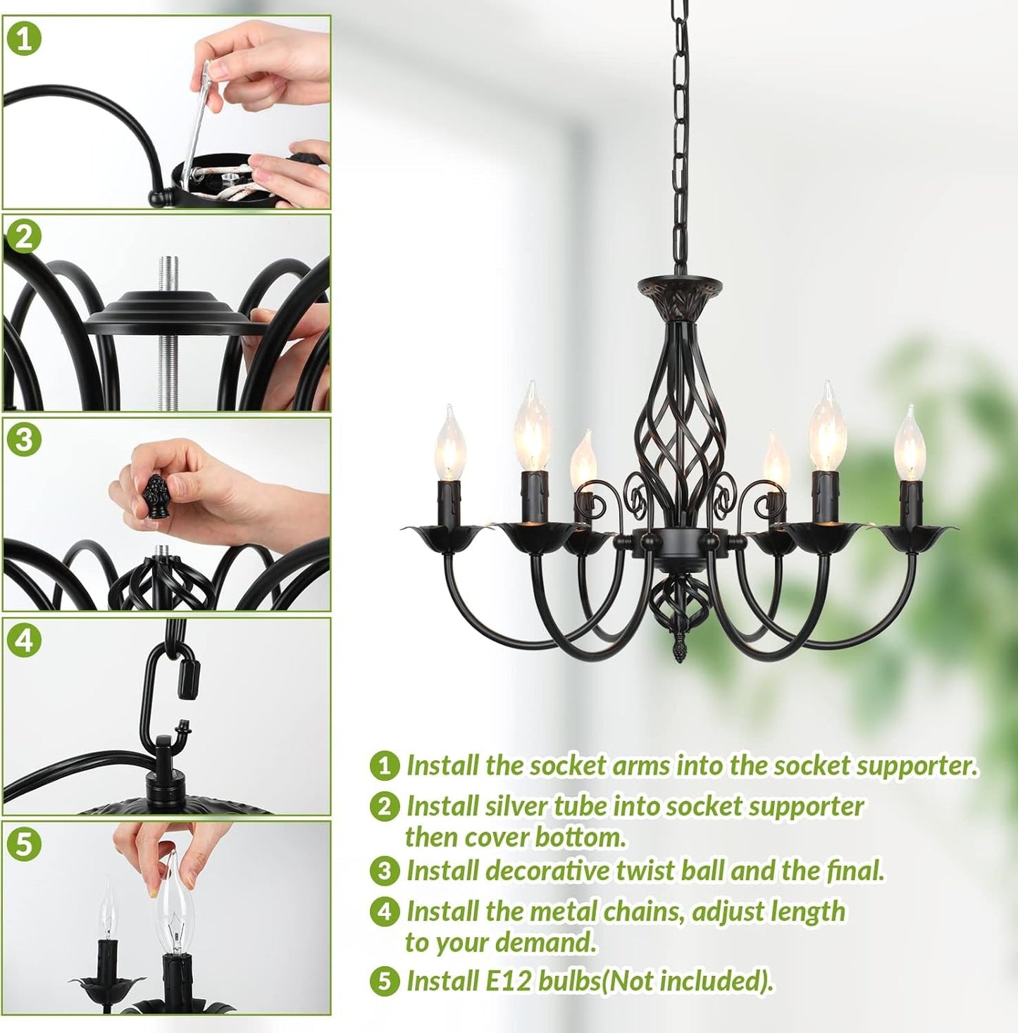 Six Light Matte Black Farmhouse Ceiling Chandelier Fixture assembly instructions showing step-by-step process.