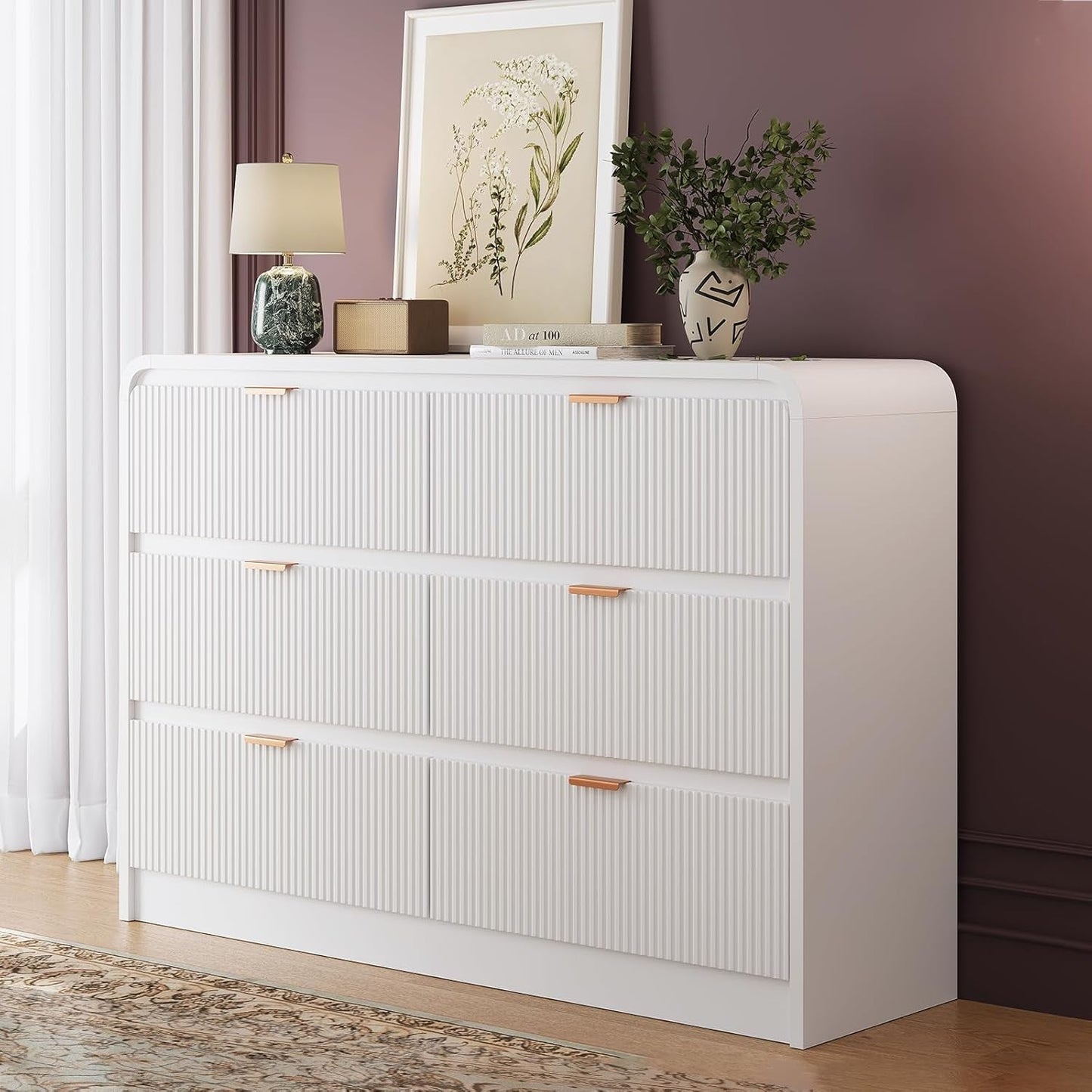 Fluted 6 Drawer Dresser 54 Inch White Solid Wood Storage