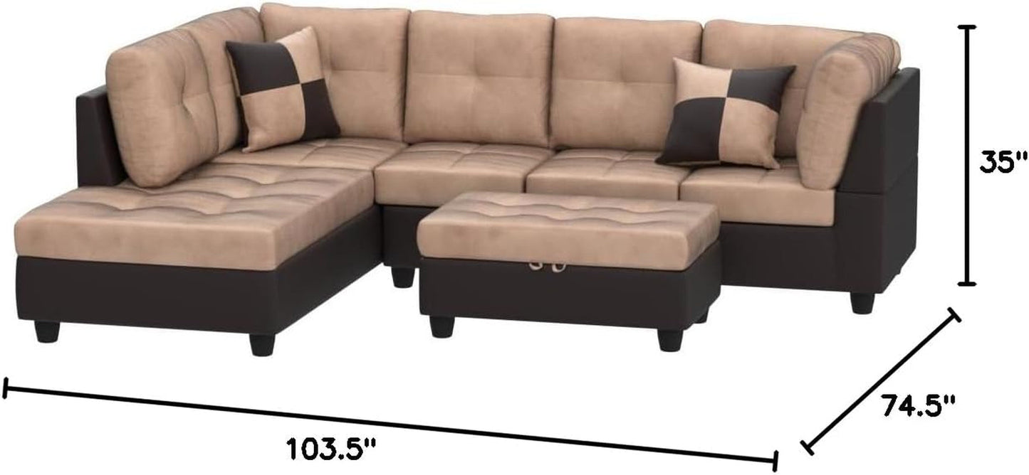 Beige Left Facing 3 Piece Sectional Sofa With Chaise