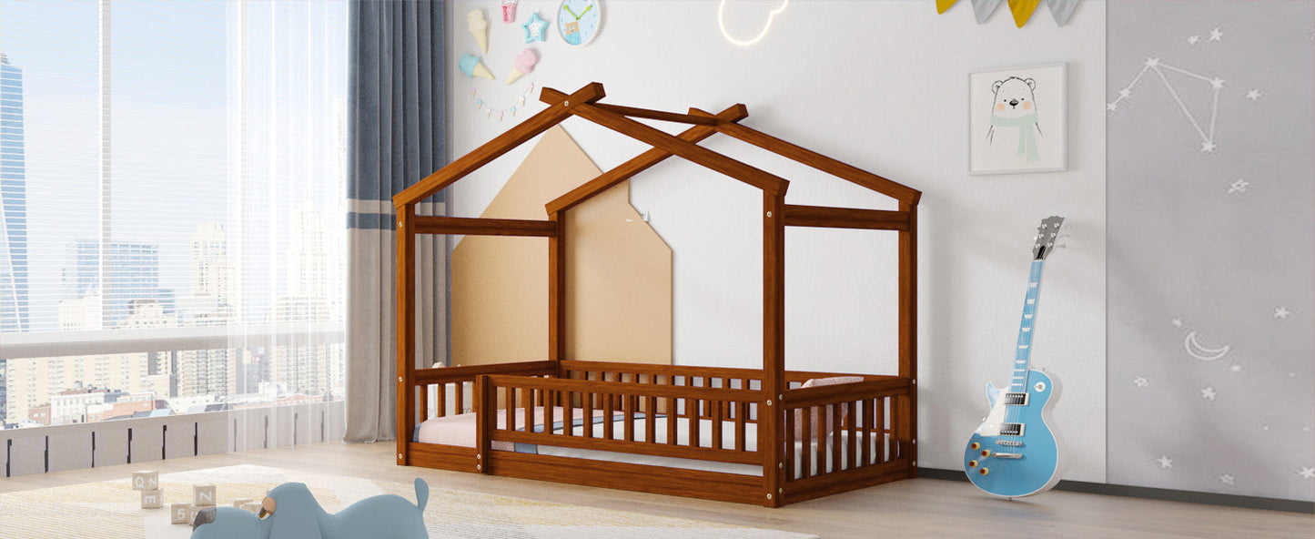 Twin Size Wood Bed House Bed Frame with Fence, for Kids, Teens, Girls, Boys, Walnut