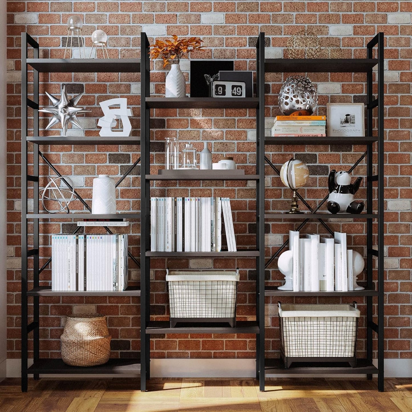 Triple Wide Industrial Bookshelf With Metal Frame 14 Open Shelves