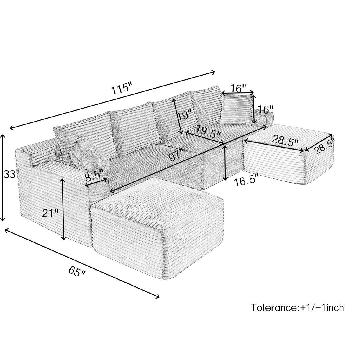 Comfy U-Shaped Sectional Modern Boneless Corduroy Couch