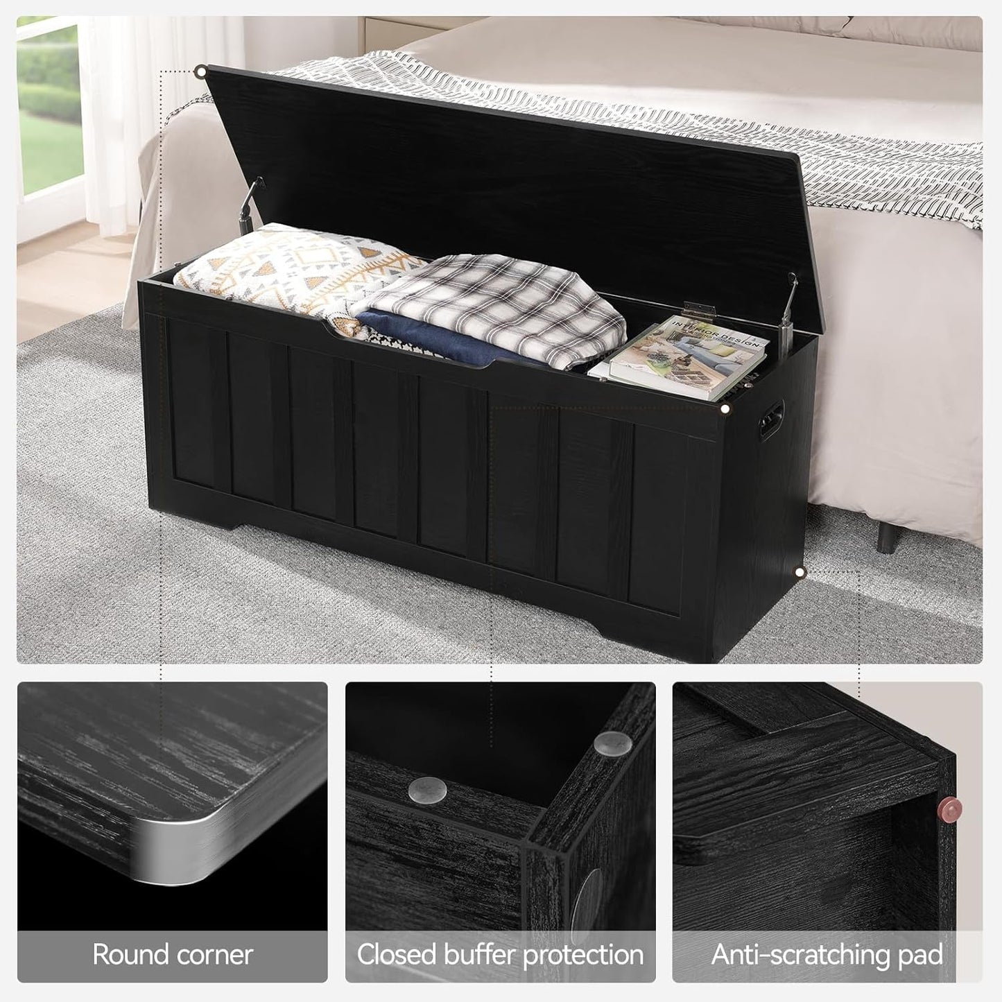 Black 47.2 Inches SolidWood Oversized Storage Bench