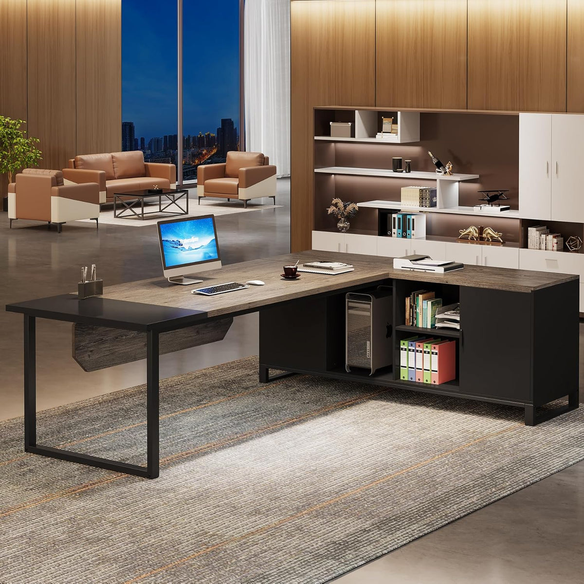 70.8" L-Shaped Executive Desk with 55" File Cabinet