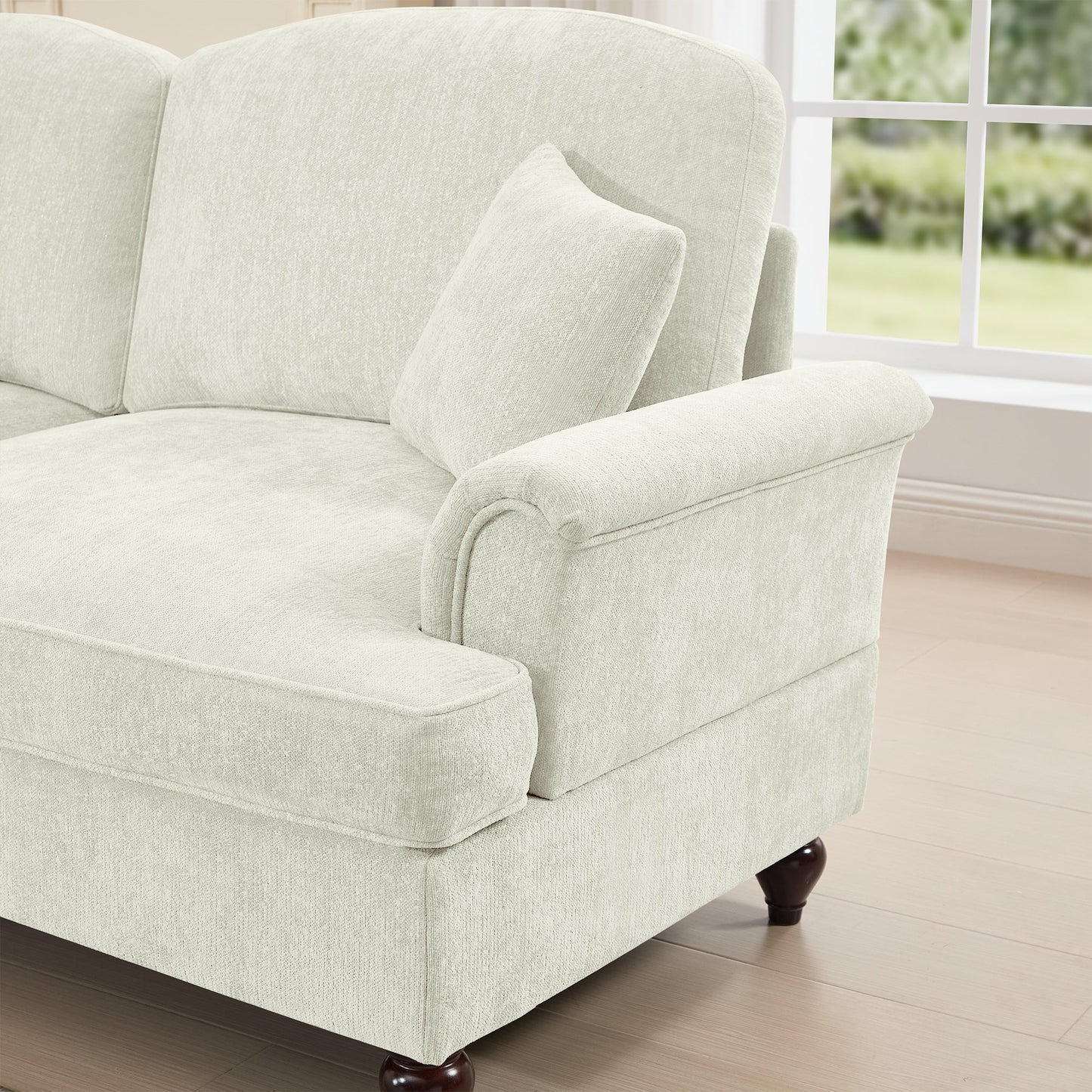Classic Three Seater Modular L Shaped Sectional Couch with Flared Arms and Removable Ruffles Pleats Skirts and Spindle Legs, Comfy Chenille Four-Seat Deep Seat Sofa with Movable Ottoman, Beige White
