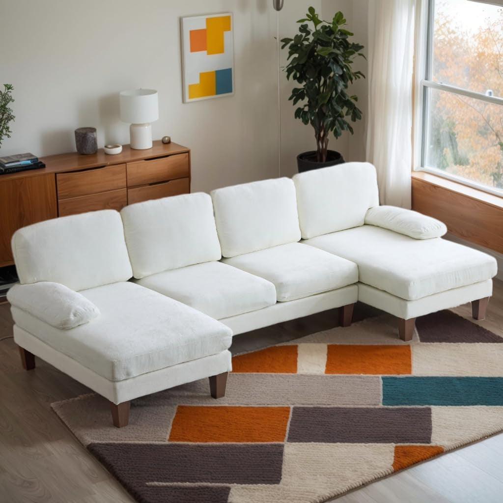 U Shape Sectional Sofa 111 Inch Beige Chenille Convertible
