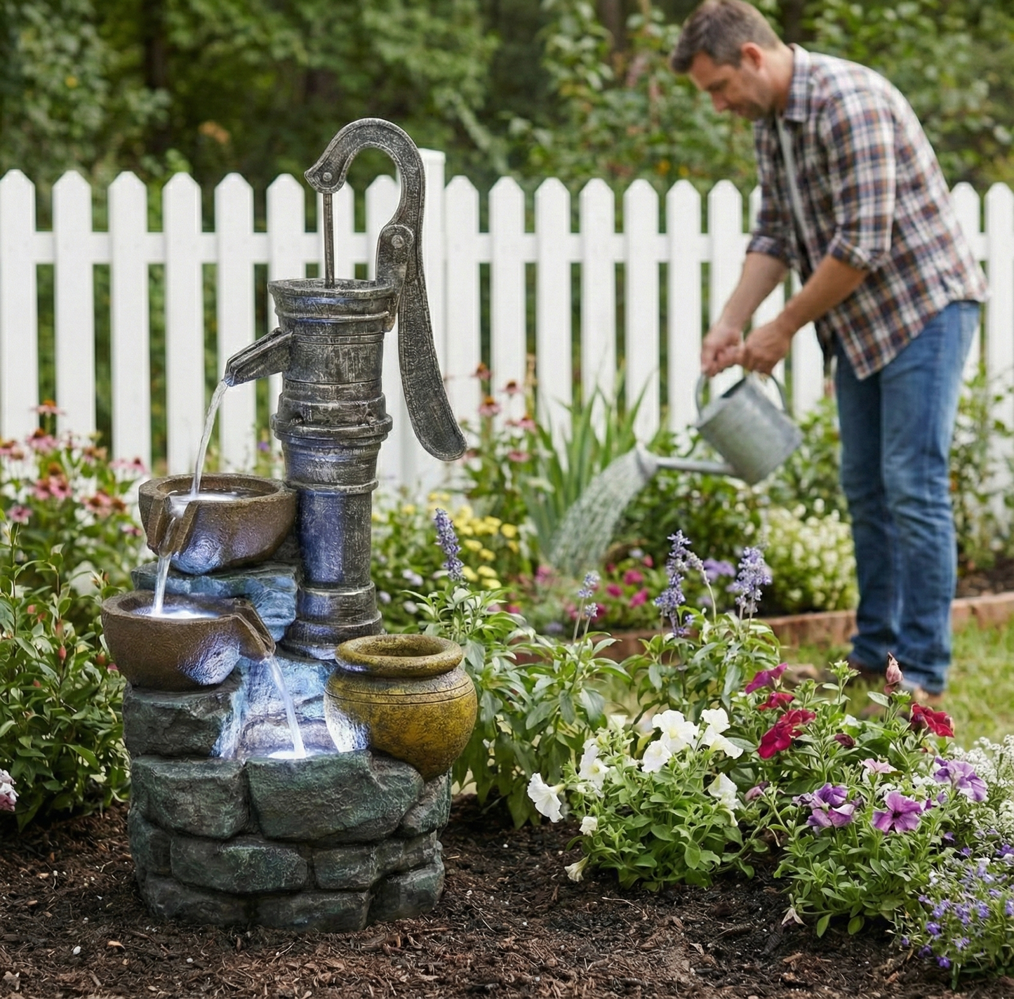 32" H Large Outdoor Water Fountain with Vintage Pump