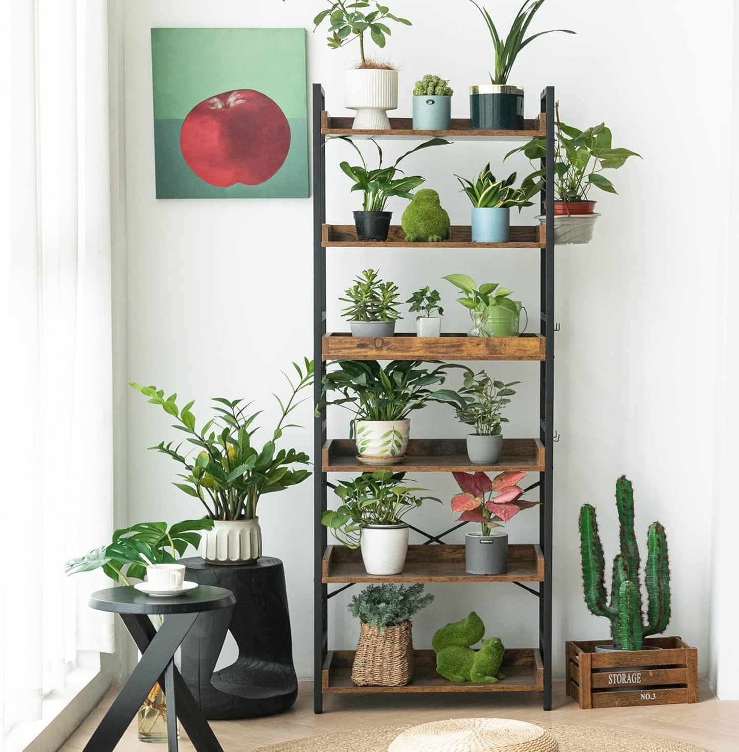 Adjustable Six Tier Industrial Wood Black Metal Bookcase