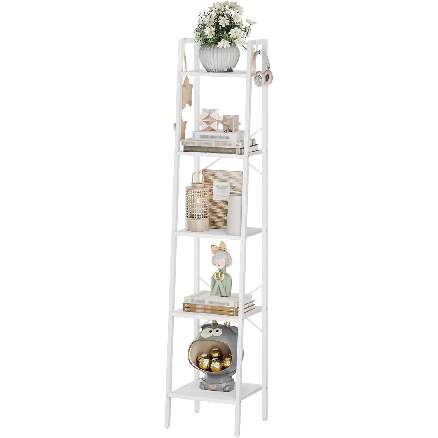 5 Tier White Ladder Shelf Bookcase With Two Hooks For Corner