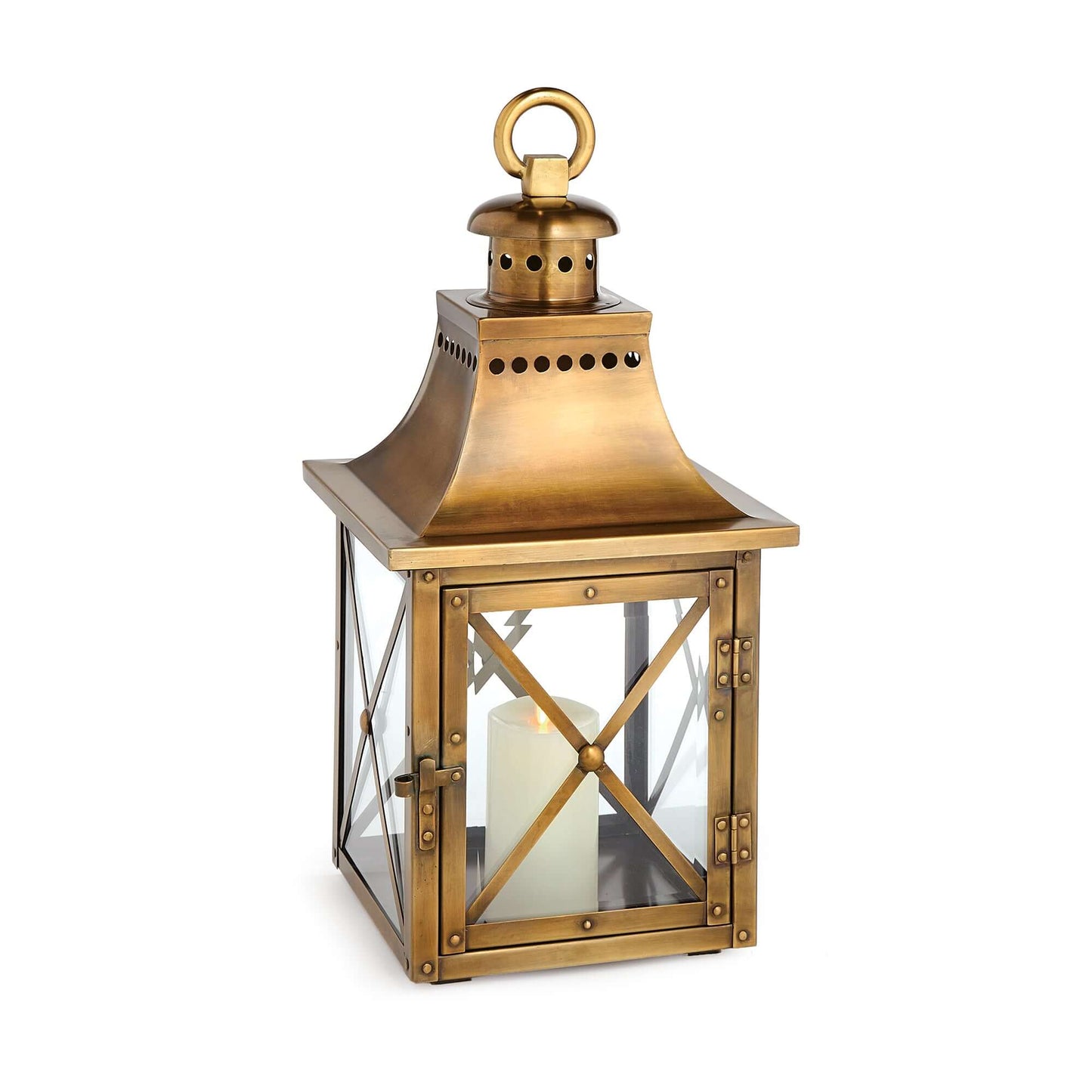 Antique Brass Lantern with Crossbar Glass and Hanging Ring