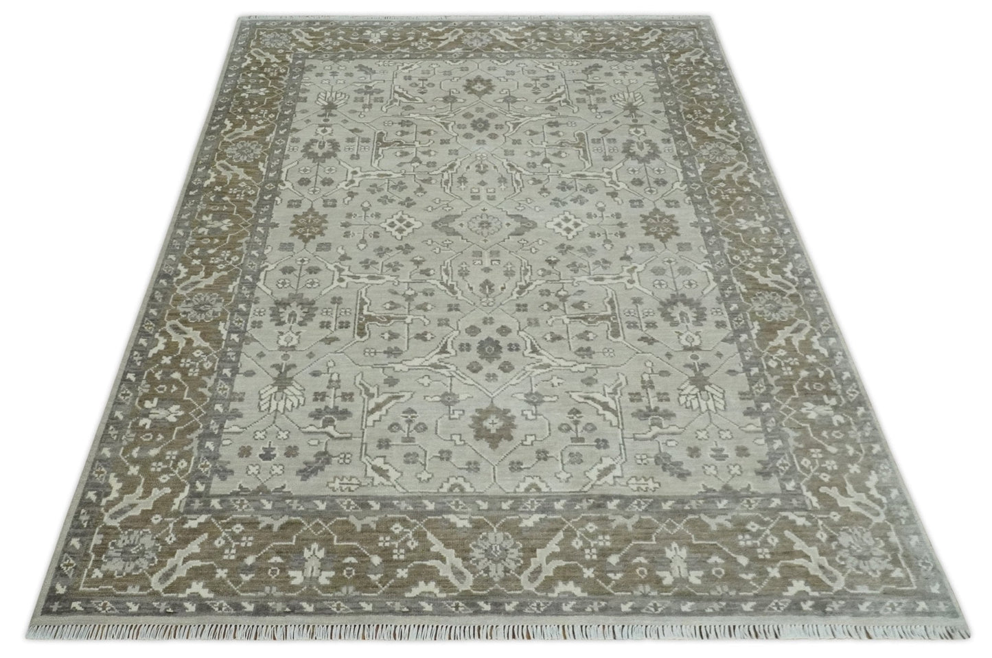 Antique Style Traditional Silver and Olive Oriental Oushak 8x10 wool Area Rug