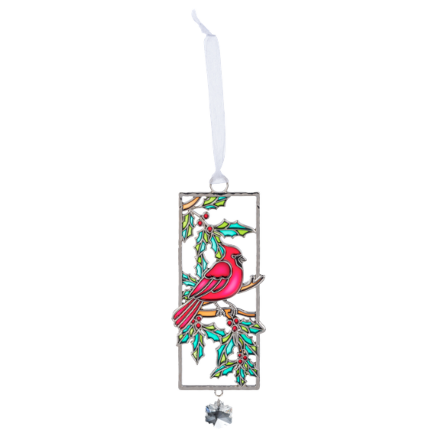 Cardinal on Holly Branch Holiday Scene Ornament